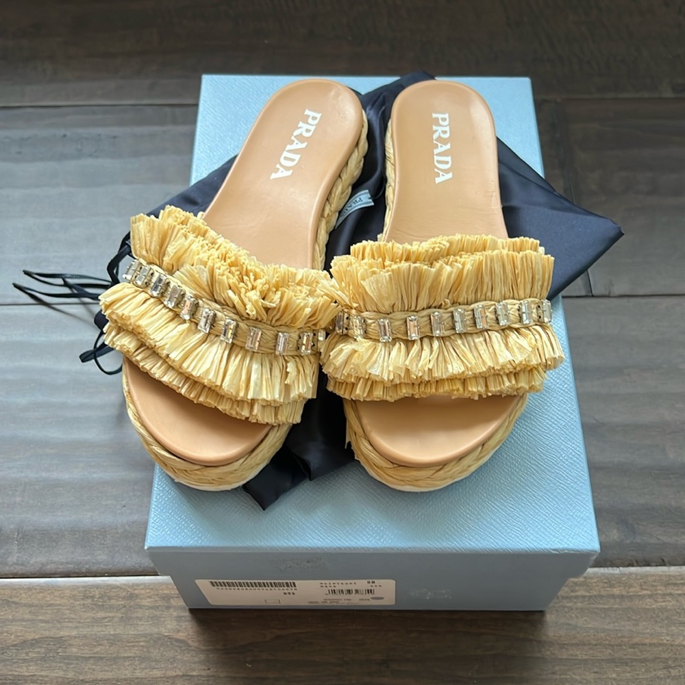 PRADA Embellished Raffia Slide Sandal